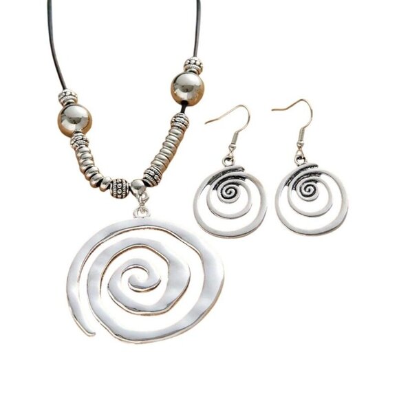 Boho Spiral Necklace & Earrings Set – Silver Alloy Swirl Pendant Jewelry NEW - Picture 3 of 4